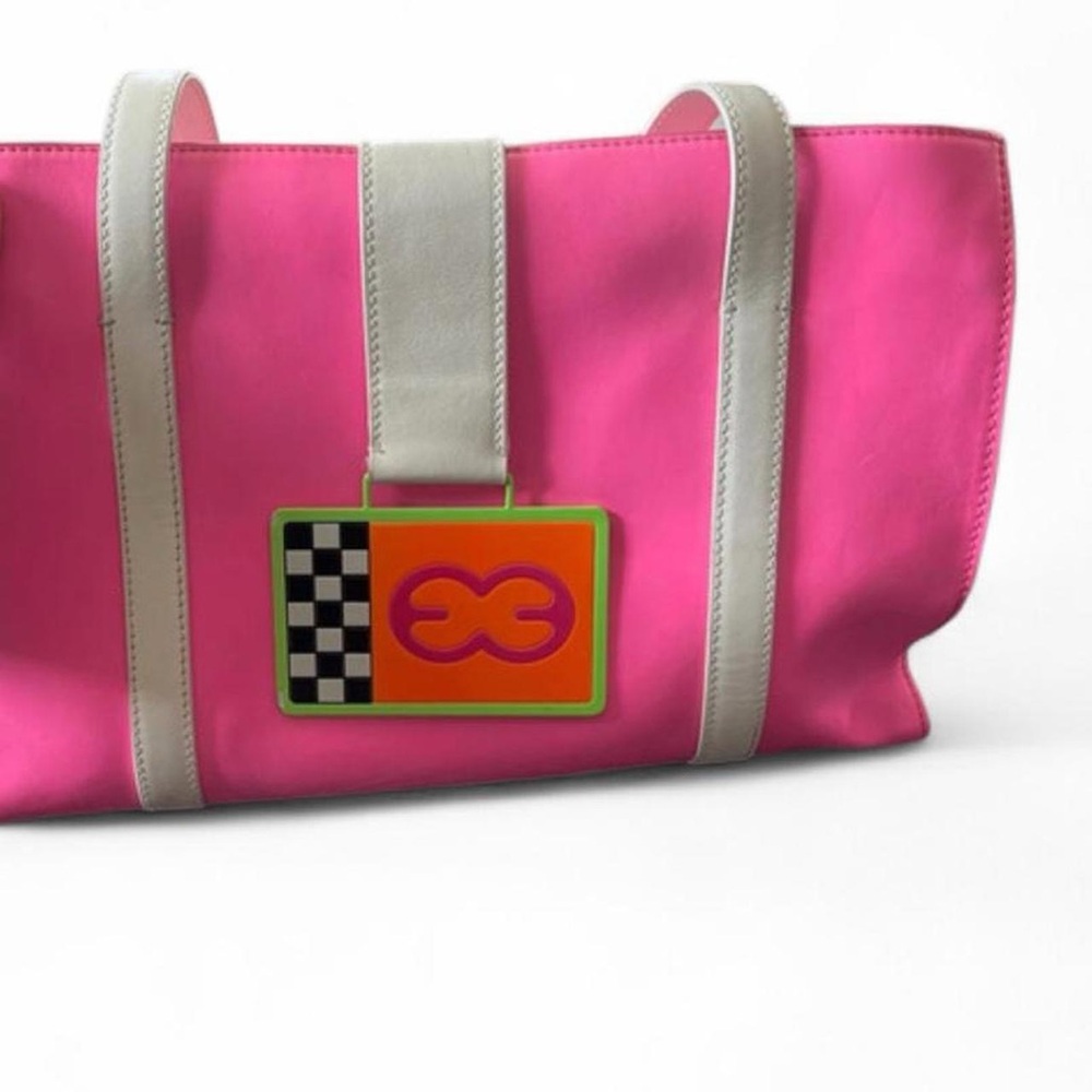 80s Escada Hot Pink and White tote bag with checkered closure.